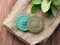 32mm Round Sunflower Aqua Blue Gaspeite Green Rim with Copper Wash and Platinum Paint - Czech Glass Buttons